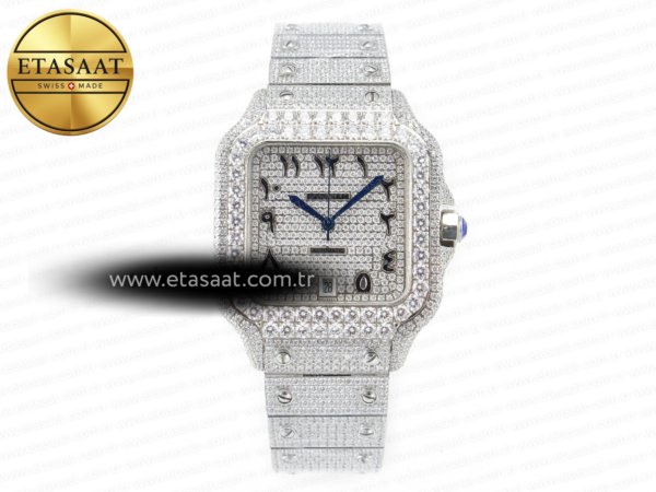 Cartier Santos De 40mm Twf Siyah Pırlantalı Kadran A2824 Eta Saat - 1:1 Süper Klon Replika Saat