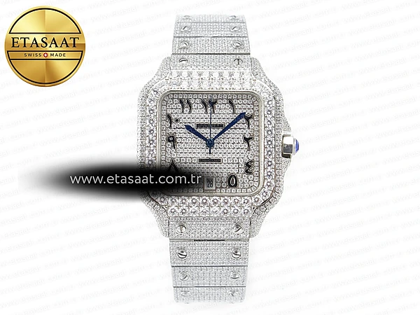 Cartier Santos de Cartier 40mm Siyah Kadran Pırlanta İndeks Pırlanta Bezel TWF A2824 Super Clone ETA – Ön Cephe Kadran ve Kasa Görünümü