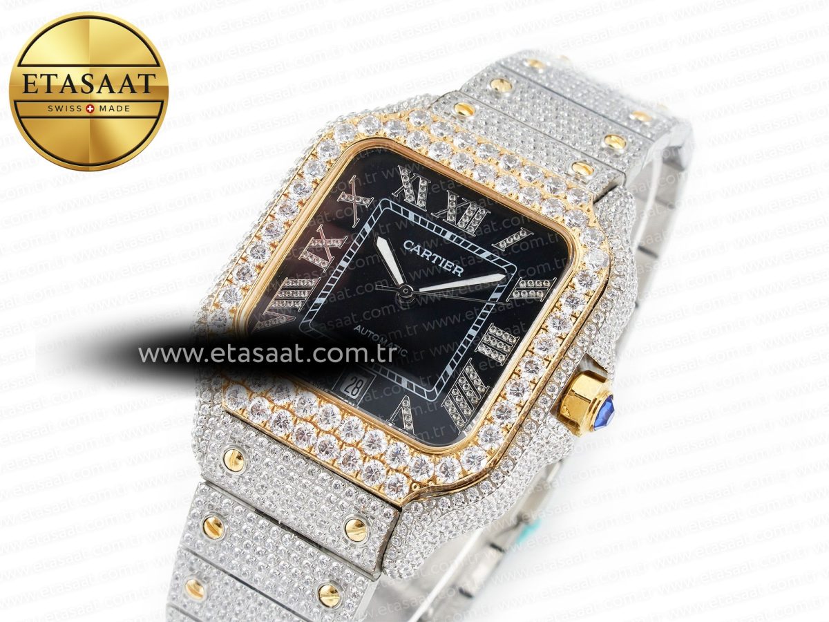 Cartier Santos De 40mm TWF 1:1 Best Edition Black Diamond Dial SS/YG Dia/Rmn A2824 - Görsel 1