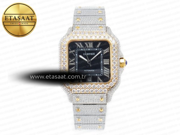 Cartier Santos De 40mm Twf Siyah Pırlantalı Kadran A2824 11 Eta Saat - 1:1 Süper Klon Replika Saat