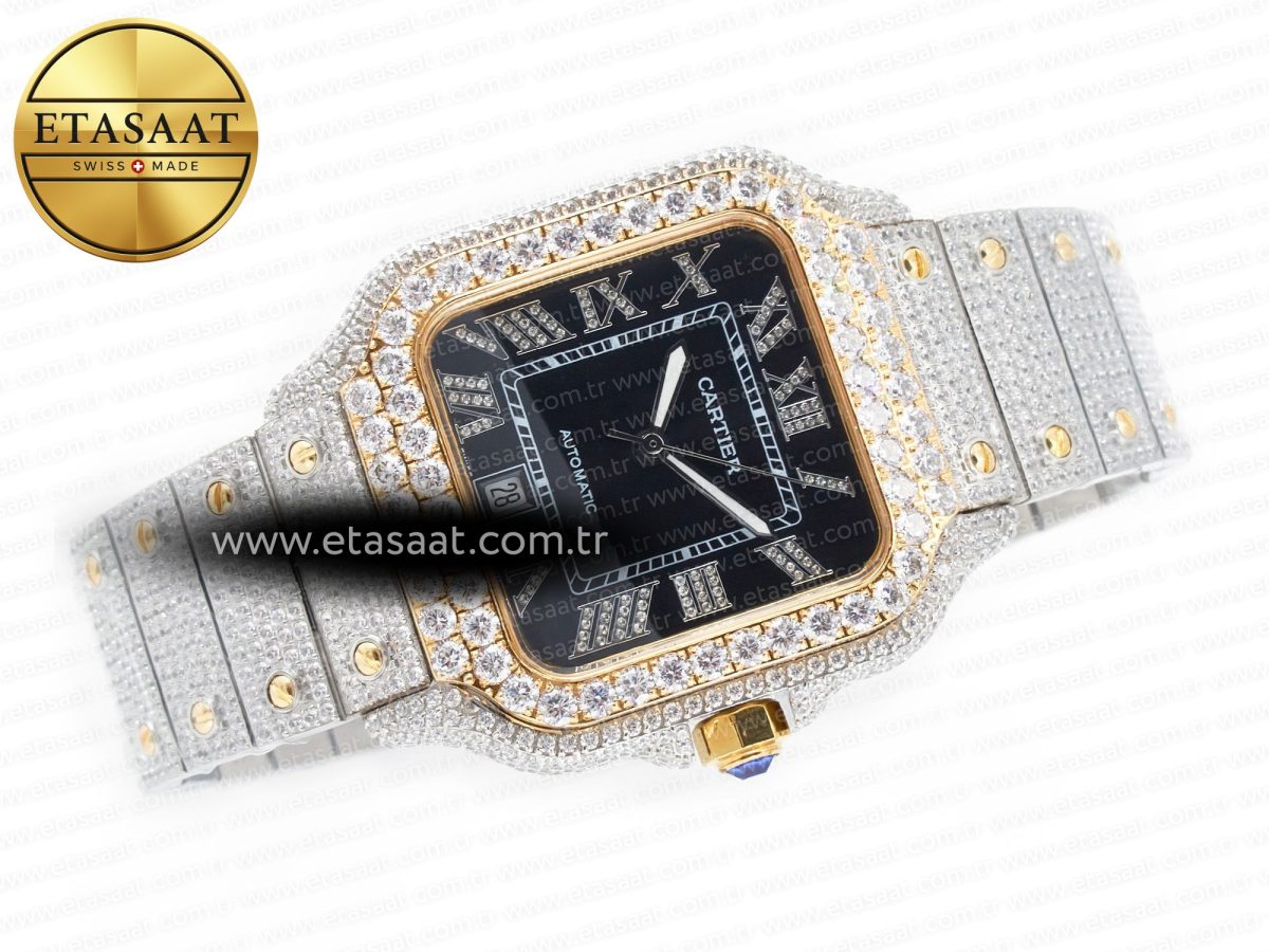 Cartier Santos De 40mm TWF 1:1 Best Edition Black Diamond Dial SS/YG Dia/Rmn A2824 - Görsel 8