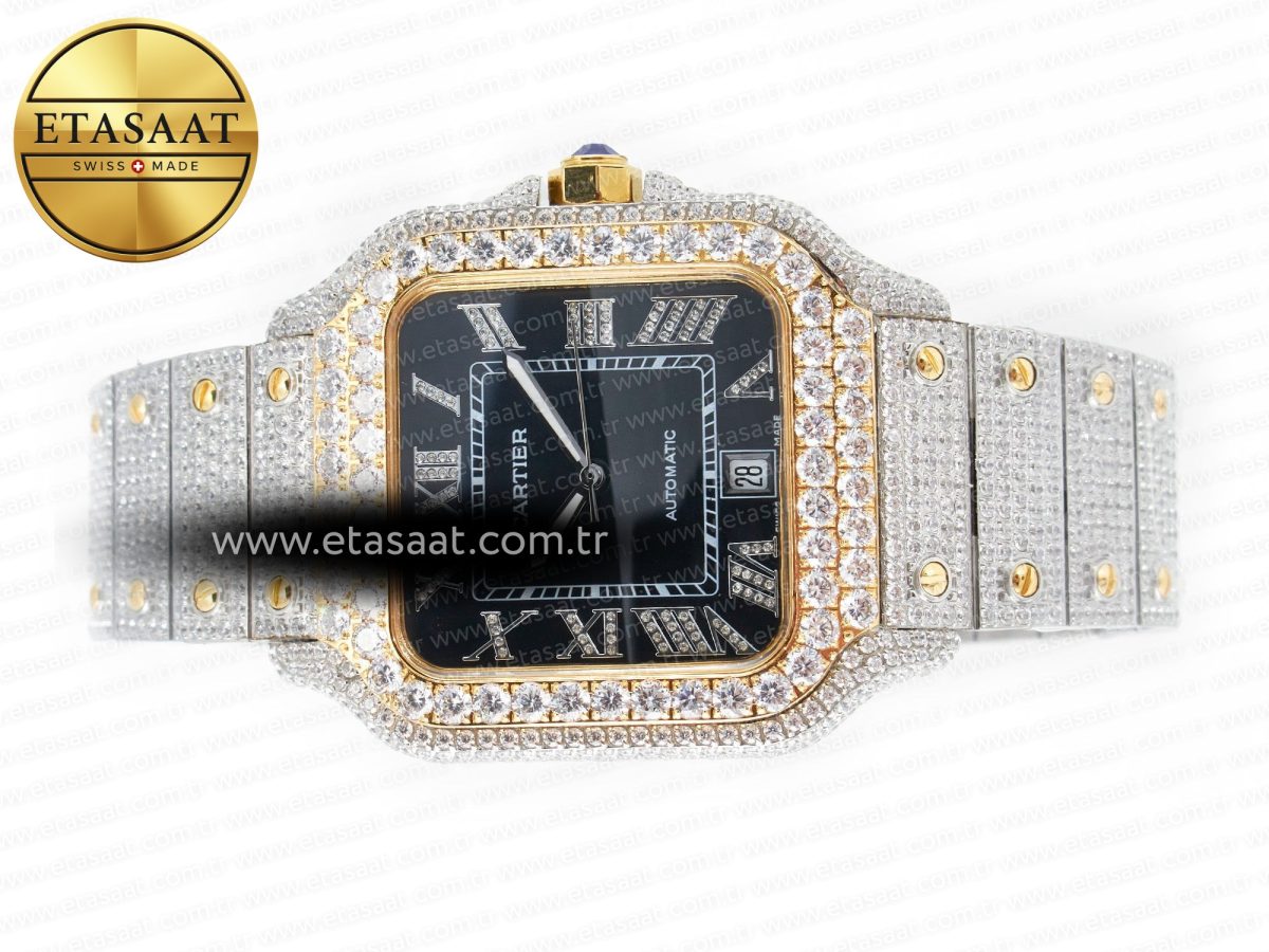 Cartier Santos De 40mm TWF 1:1 Best Edition Black Diamond Dial SS/YG Dia/Rmn A2824 - Görsel 9