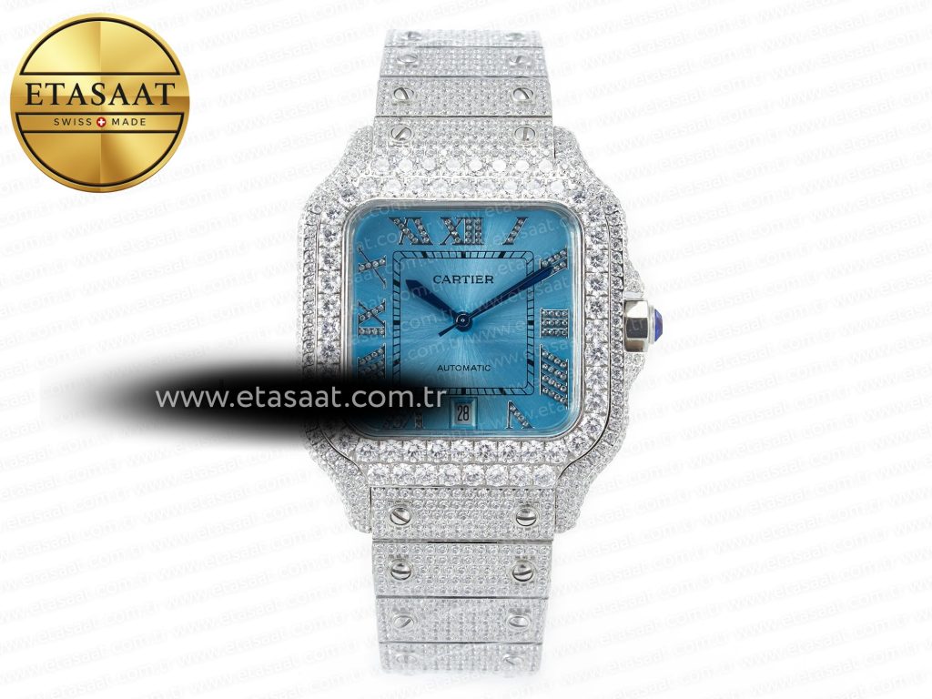 Cartier Santos De 40mm Twf Mavi Ss/Ss Pırlantalı/Rmn A2824 Eta Saat - Görsel 3 - 1:1 Süper Klon Saat