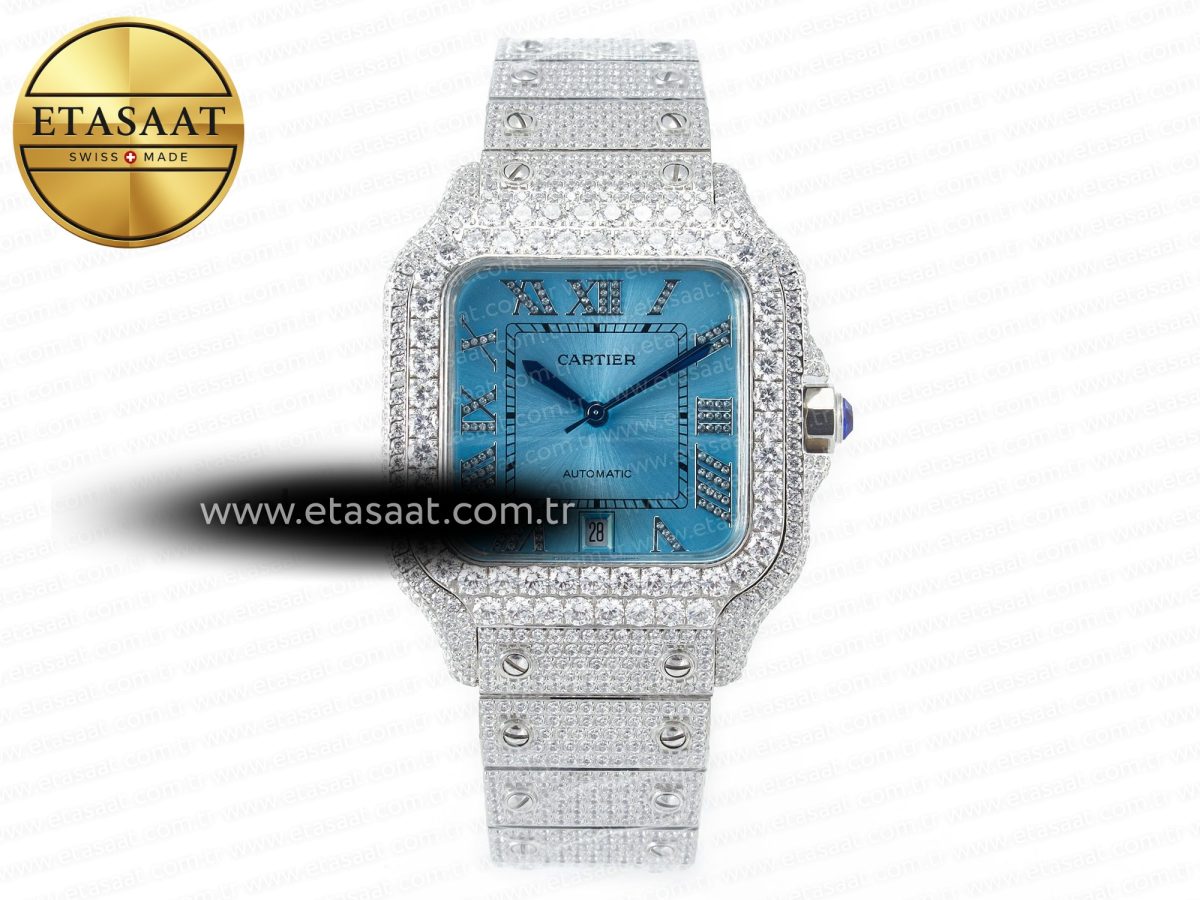 Cartier Santos De 40mm TWF 1:1 Best Edition Blue Dial SS/SS Dia/Rmn A2824 - Görsel 3