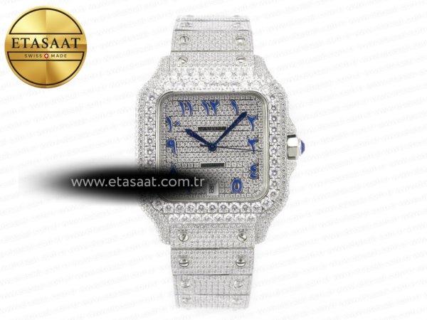 Cartier Santos De 40mm Twf Mavi Pırlantalı Ss/Ss A2824 Eta Saat - 1:1 Süper Klon Replika Saat