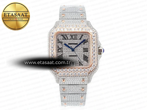 Cartier Santos de Cartier 40mm Siyah Kadran Pırlanta İndeks Rose Gold Kasa Pırlanta Bezel TWF A2824 Ref.18188 Super Clone ETA – Ön Cephe Kadran ve Kasa Görünümü