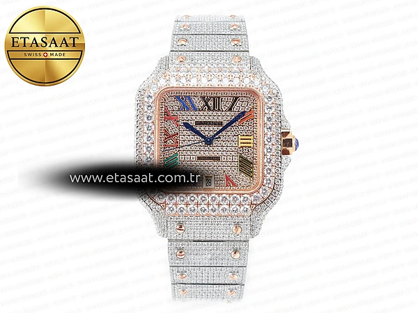 Cartier Santos de Cartier 40mm Rainbow Siyah Kadran Rose Gold Kasa Pırlanta Bezel TWF A2824 Super Clone ETA – Ön Cephe Kadran ve Kasa Görünümü