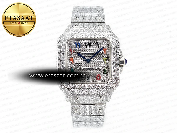 Cartier Santos de Cartier 40mm Rainbow Siyah Kadran TWF A2824 Super Clone ETA – Ön Cephe Kadran ve Kasa Görünümü