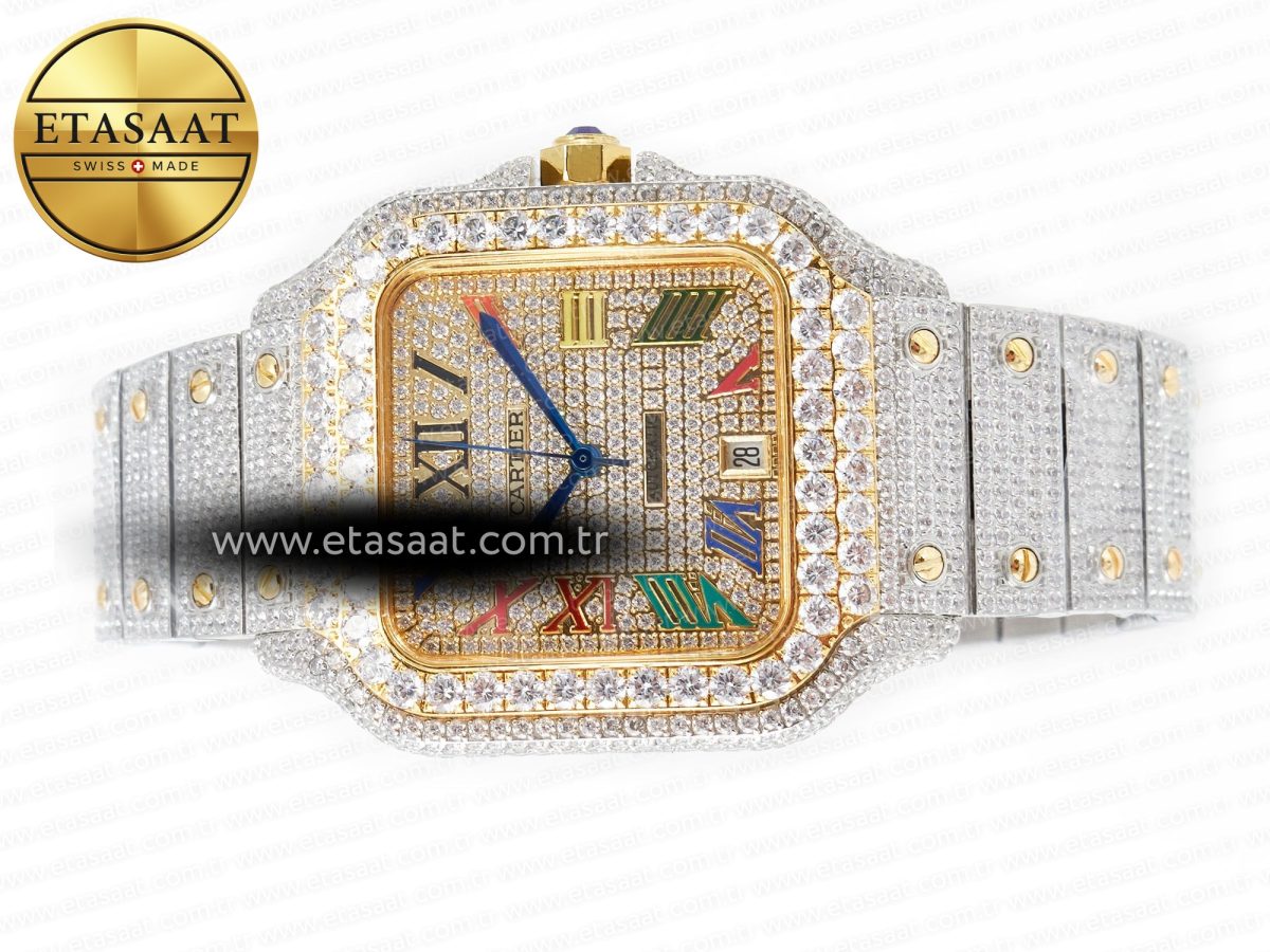 Cartier Santos De 40mm TWF 1:1 Best Edition Rainbow Diamond Dial SS/YG Dia/Rmn A2824 - Görsel 9