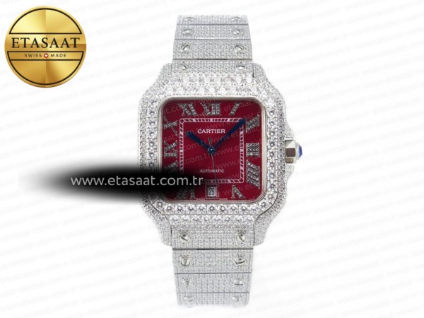 Cartier Santos De 40mm Twf Kırmızı Pırlantalı/Rmn A2824 Eta Saat - 1:1 Süper Klon Replika Saat