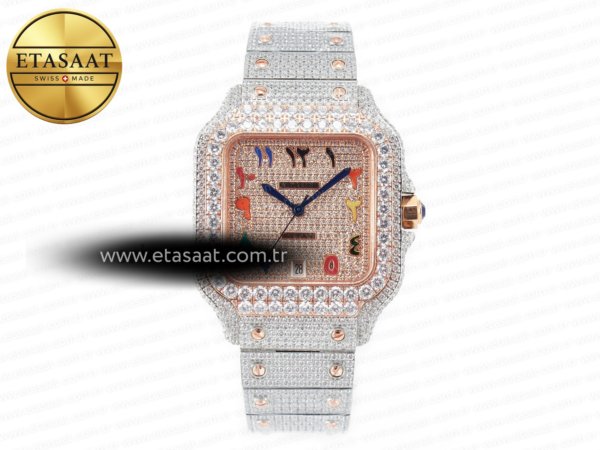 Cartier Santos De 40mm Twf RG Pırlantalı Kadran A2824 Eta Saat - 1:1 Süper Klon Replika Saat