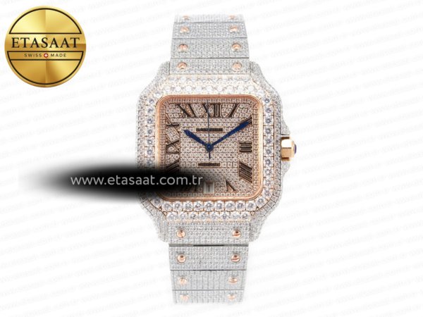 Cartier Santos De 40mm Twf RG Pırlantalı Kadran A2824 11 Eta Saat - 1:1 Süper Klon Replika Saat