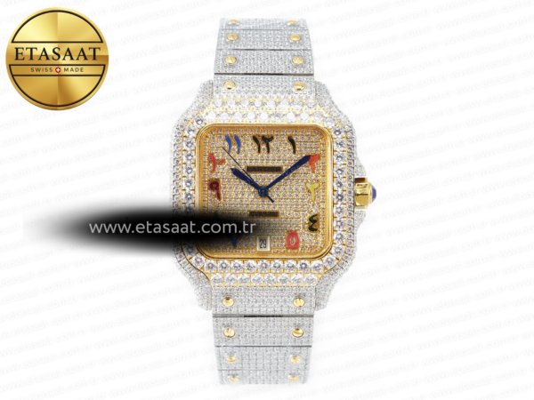 Cartier Santos De 40mm Twf RG Pırlantalı Kadran A2824 V2 Eta Saat - 1:1 Süper Klon Replika Saat