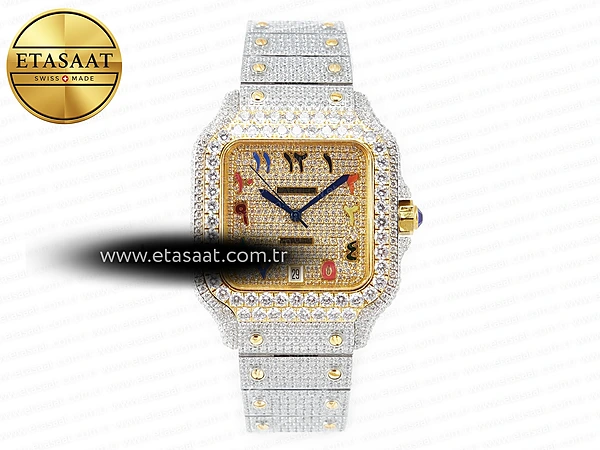 Cartier Santos de Cartier 40mm Siyah Kadran Pırlanta İndeks Rose Gold Kasa Pırlanta Bezel TWF A2824 Ref.18380 Super Clone ETA – Ön Cephe Kadran ve Kasa Görünümü
