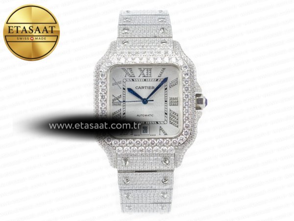 Cartier Santos De 40mm Twf Beyaz Ss/Ss Pırlantalı/Rmn A2824 Eta Saat - 1:1 Süper Klon Replika Saat