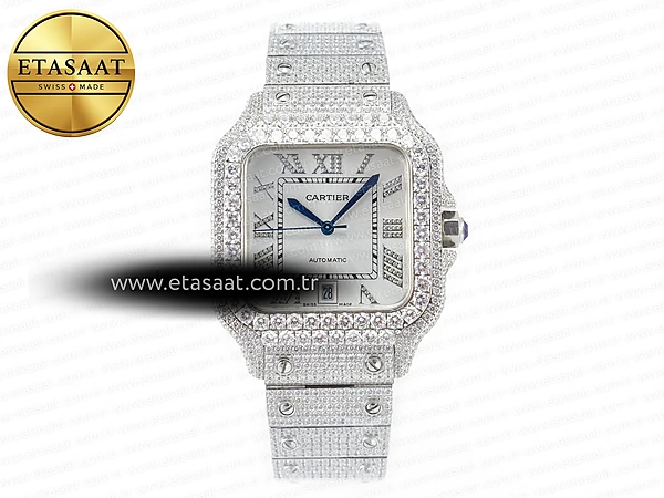 Cartier Santos de Cartier 40mm Beyaz Kadran Pırlanta Bezel TWF A2824 Super Clone ETA – Ön Cephe Kadran ve Kasa Görünümü