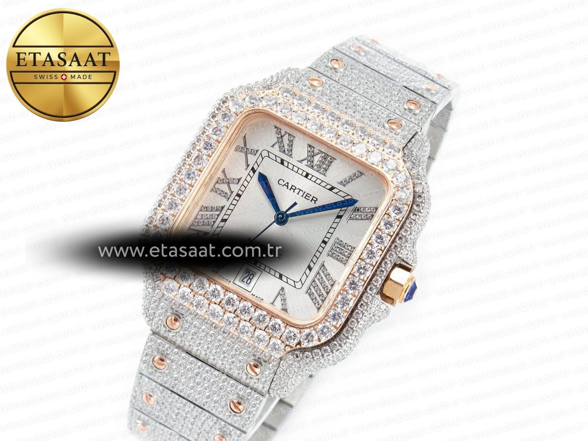Cartier Santos De 40mm TWF 1:1 Best Edition White Diamond Dial SS/RG Dia/Rmn A2824 - Görsel 1