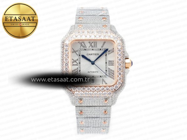 Cartier Santos De 40mm Twf Beyaz Pırlantalı Kadran A2824 Eta Saat - 1:1 Süper Klon Replika Saat