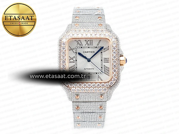 Cartier Santos de Cartier 40mm Beyaz Kadran Pırlanta İndeks Rose Gold Kasa Pırlanta Bezel TWF A2824 Super Clone ETA – Ön Cephe Kadran ve Kasa Görünümü