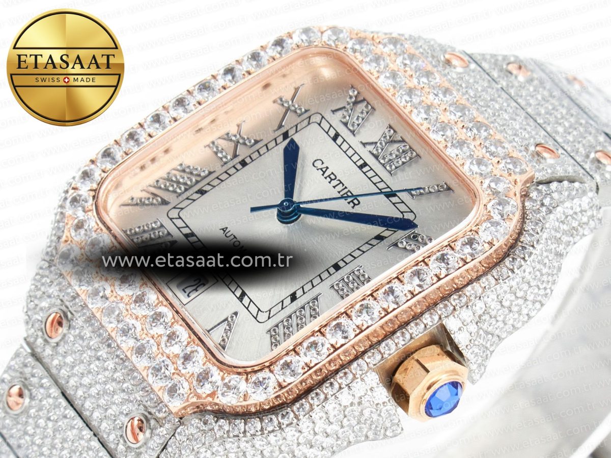 Cartier Santos De 40mm TWF 1:1 Best Edition White Diamond Dial SS/RG Dia/Rmn A2824 - Görsel 6
