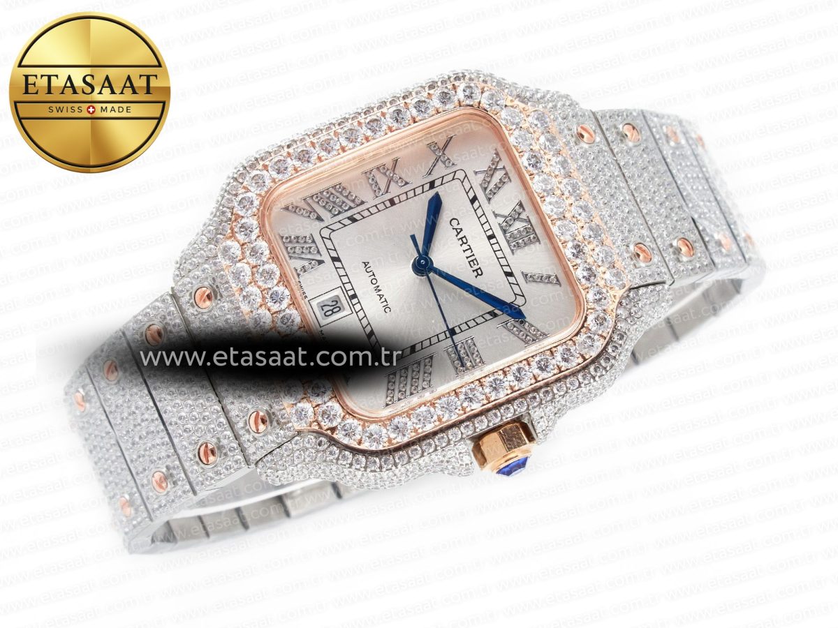 Cartier Santos De 40mm TWF 1:1 Best Edition White Diamond Dial SS/RG Dia/Rmn A2824 - Görsel 8