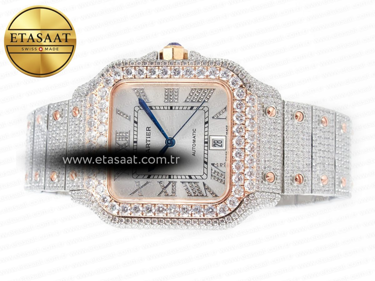 Cartier Santos De 40mm TWF 1:1 Best Edition White Diamond Dial SS/RG Dia/Rmn A2824 - Görsel 9