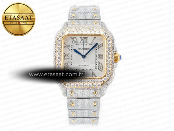 Cartier Santos De 40mm Twf Beyaz Pırlantalı Kadran A2824 11 Eta Saat - 1:1 Süper Klon Replika Saat