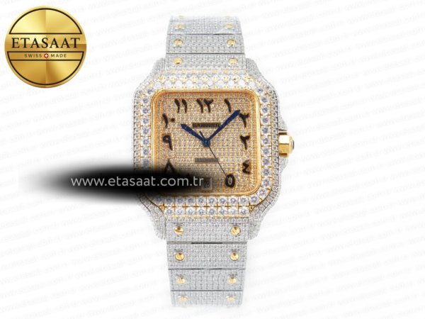 Cartier Santos De 40mm Twf YG Pırlantalı Kadran A2824 Eta Saat - 1:1 Süper Klon Replika Saat