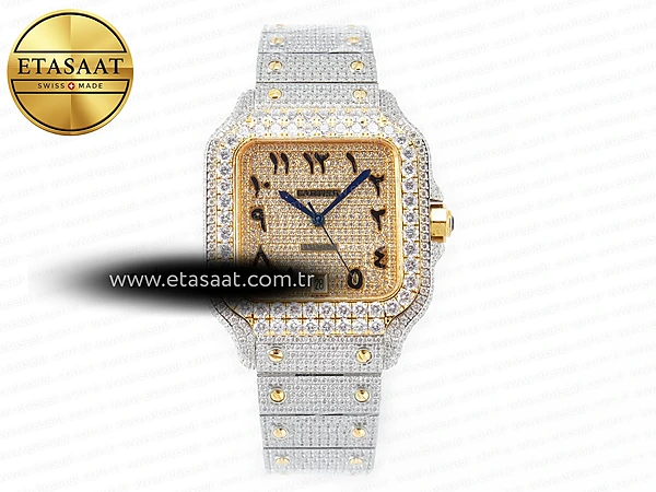 Cartier Santos de Cartier 40mm Siyah Kadran Pırlanta İndeks Sarı Altın Kasa Pırlanta Bezel TWF A2824 Ref.18473 Super Clone ETA – Ön Cephe Kadran ve Kasa Görünümü
