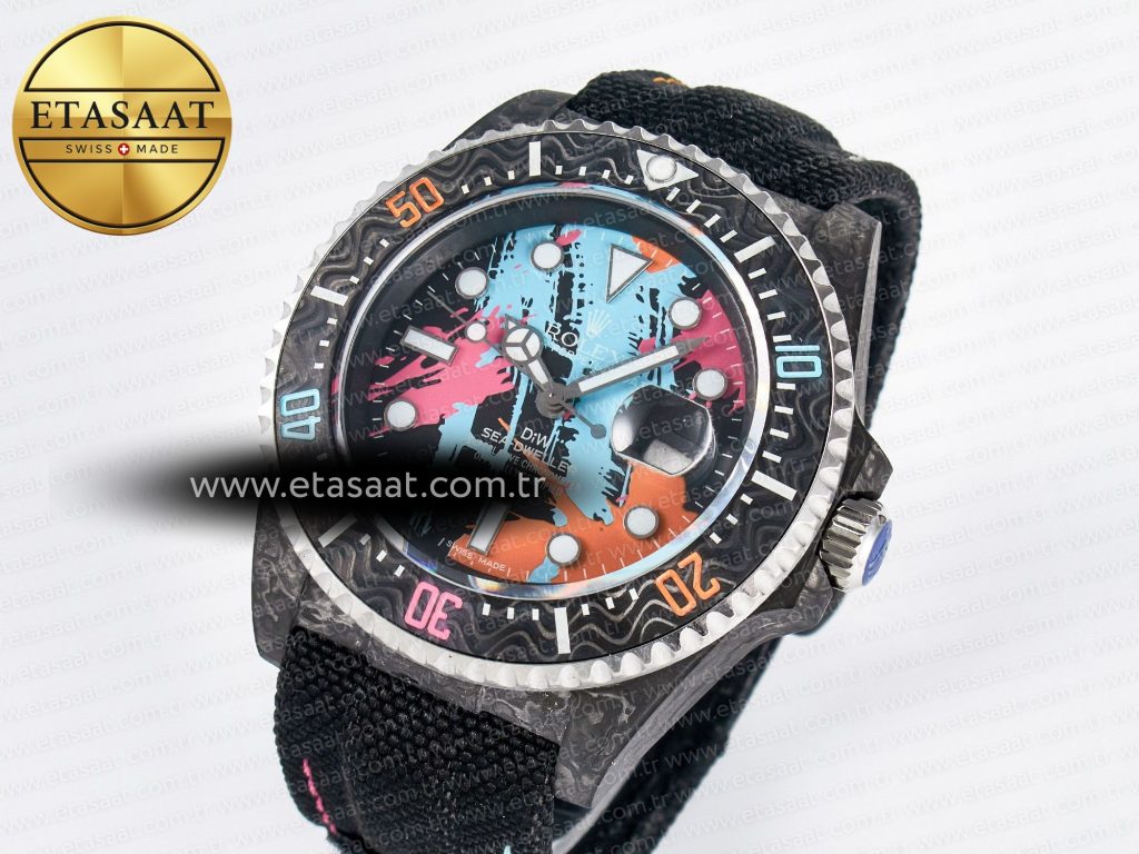 sea dweller 43mm carbon diwf best edition graffiti dial on black nylon strap a28242
