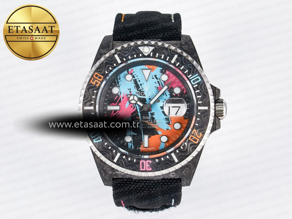 Rolex Sea Dweller 43mm Carbon Best Edition Graffiti Dial on Black Nylon Strap A2824 - Görsel 3