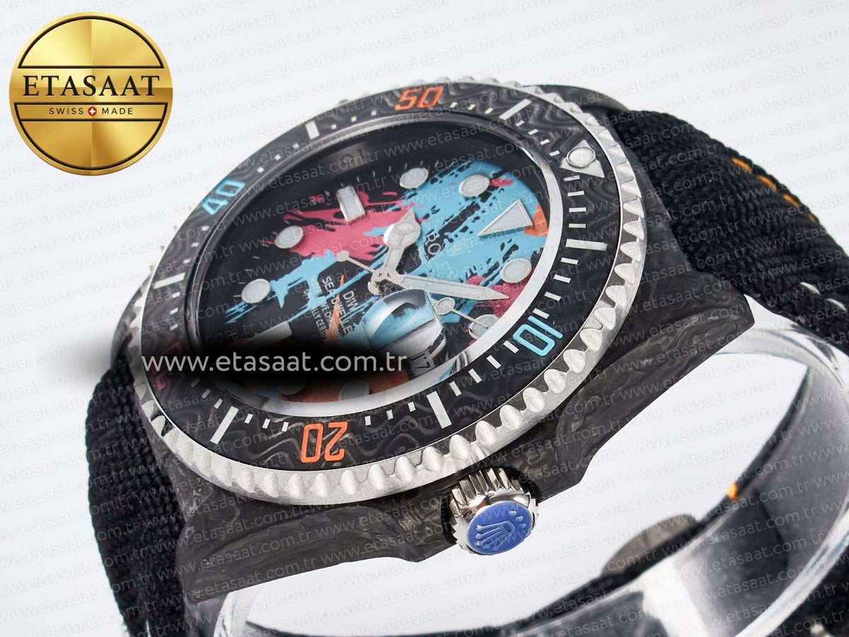 Rolex Sea Dweller 43mm Carbon Best Edition Graffiti Dial on Black Nylon Strap A2824 - Görsel 6
