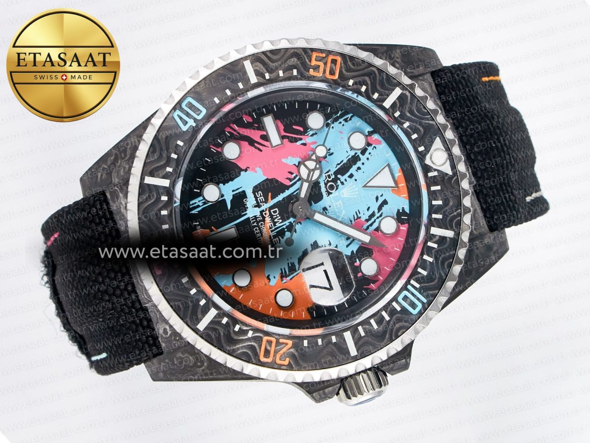 Rolex Sea Dweller 43mm Carbon Best Edition Graffiti Dial on Black Nylon Strap A2824 - Görsel 8