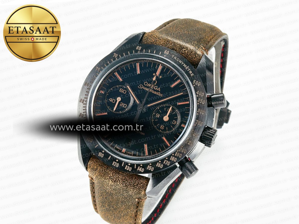 Omega Speedmaster “Dark Side of The Moon” Real Ceramic N1F 1:1 Best Edition Vintage Black on Brown Leather Strap A9300 - Görsel 1