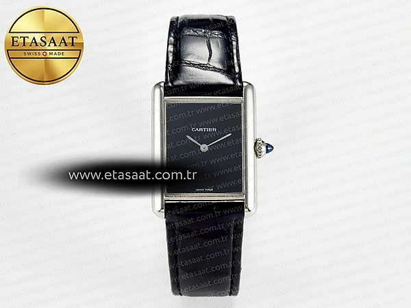 Cartier Tank Must 33.7mm Siyah Kadran Deri Kordon DRF Swiss Quartz Super Clone ETA – Ön Cephe Kadran ve Kasa Görünümü