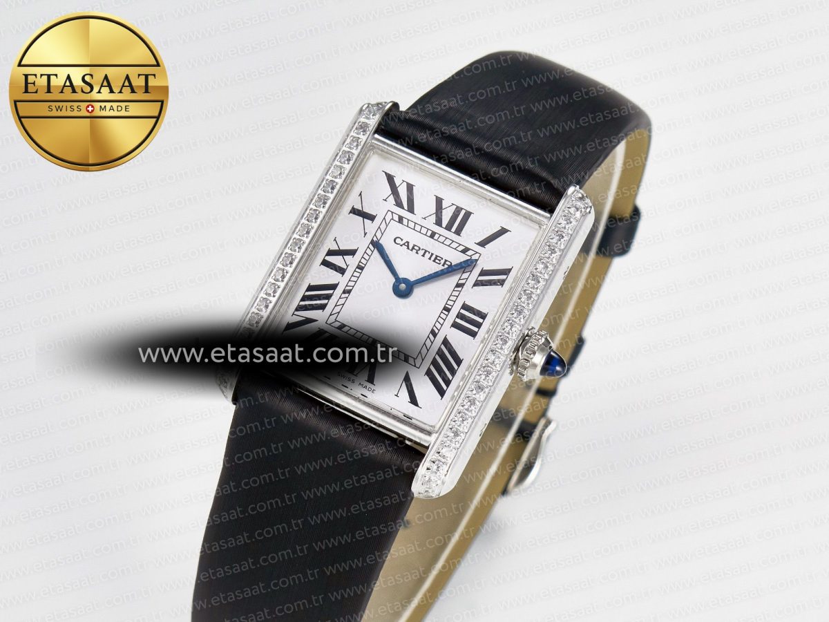 Cartier Tank Must Large SS 33.7mm DRF 1:1 Best Edition White Dial Diamonds Bezel on Black Calfskin Strap Swiss Quartz - Görsel 1