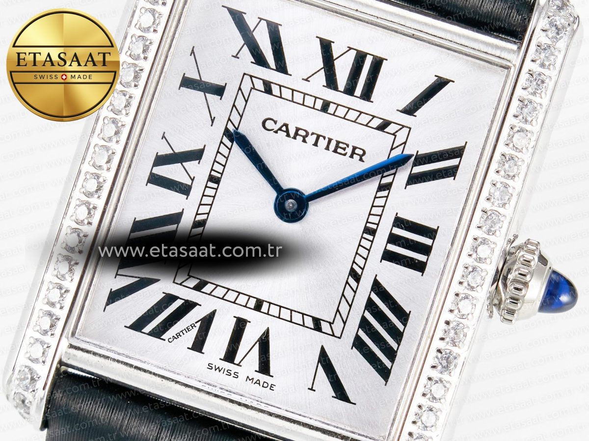 Cartier Tank Must Large SS 33.7mm DRF 1:1 Best Edition White Dial Diamonds Bezel on Black Calfskin Strap Swiss Quartz - Görsel 10