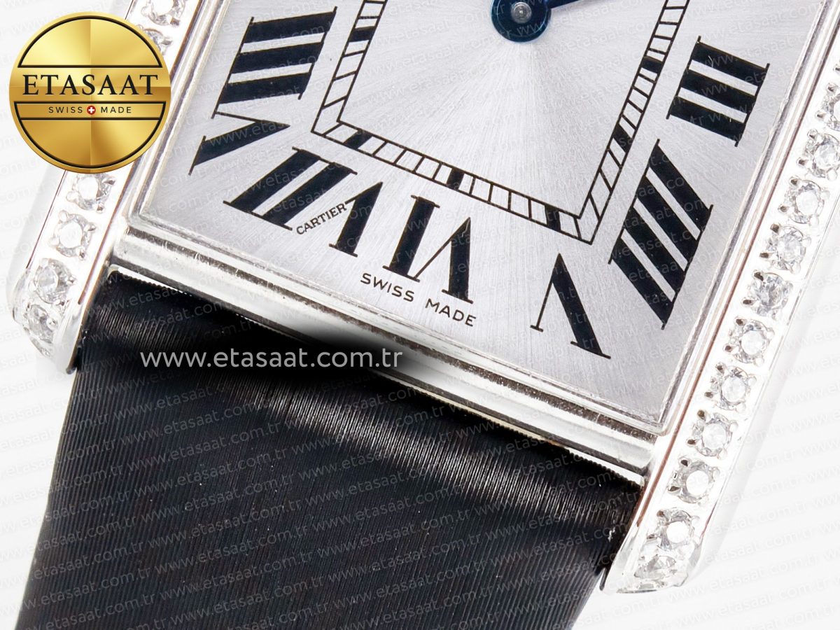 Cartier Tank Must Large SS 33.7mm DRF 1:1 Best Edition White Dial Diamonds Bezel on Black Calfskin Strap Swiss Quartz - Görsel 11