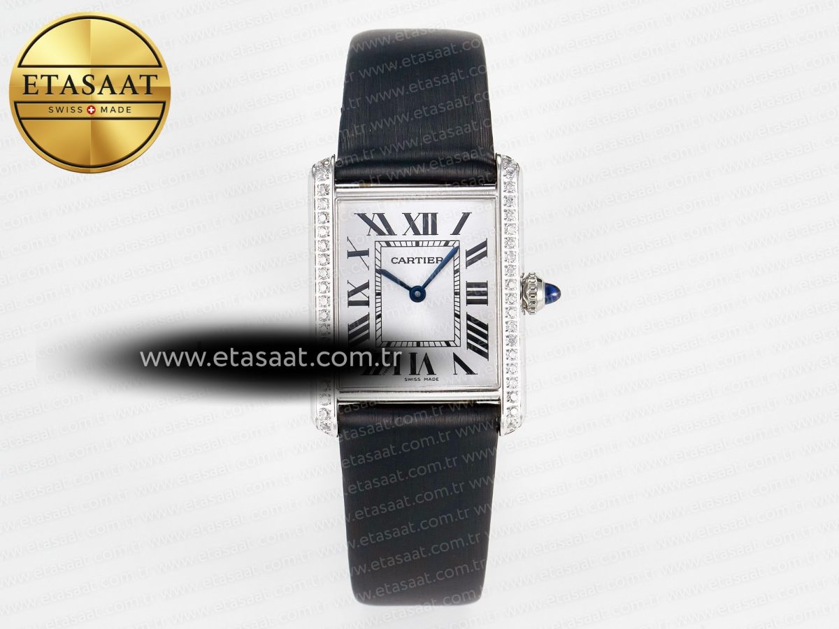 Cartier Tank Must Large SS 33.7mm DRF 1:1 Best Edition White Dial Diamonds Bezel on Black Calfskin Strap Swiss Quartz - Görsel 3