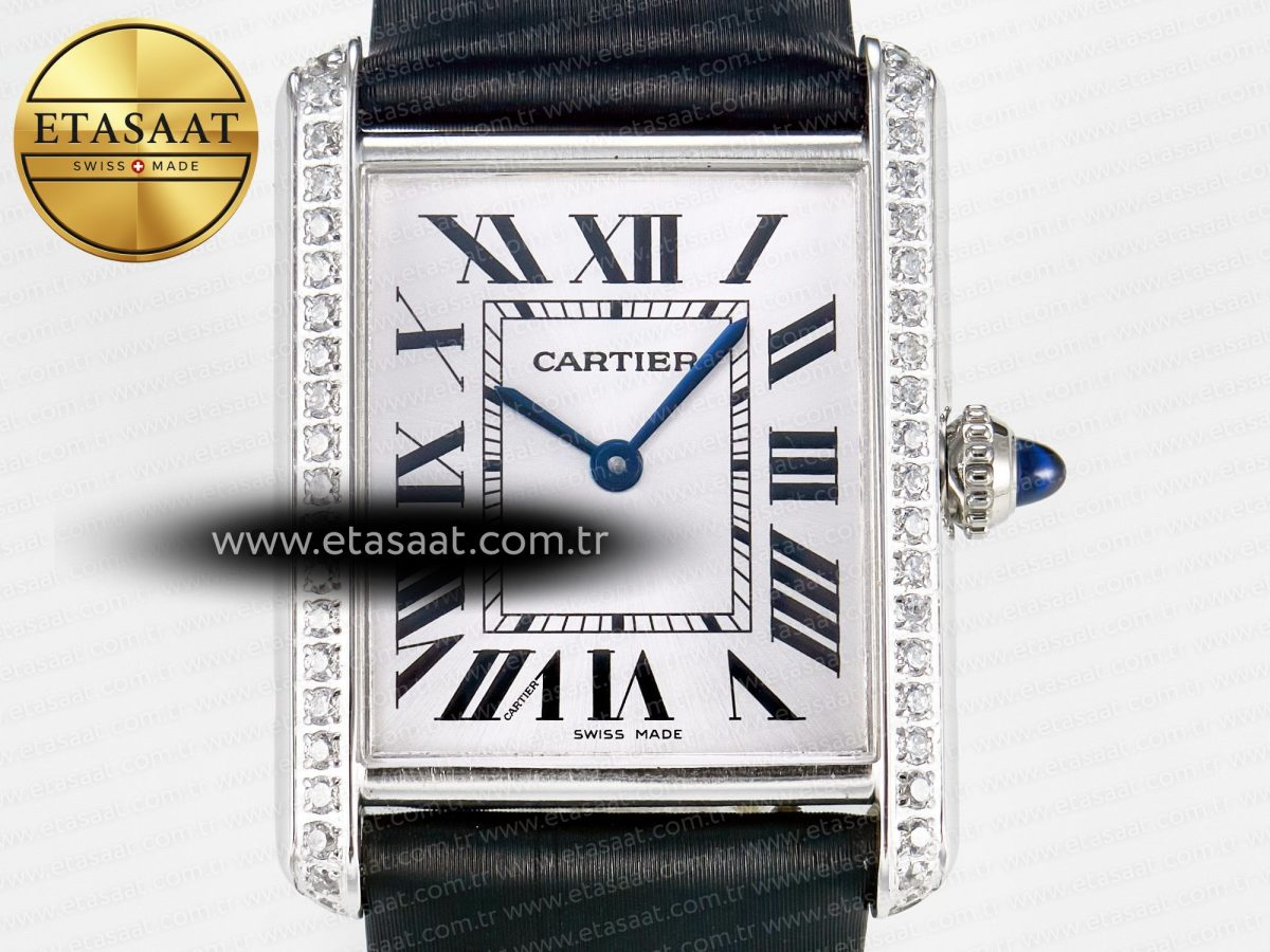 Cartier Tank Must Large SS 33.7mm DRF 1:1 Best Edition White Dial Diamonds Bezel on Black Calfskin Strap Swiss Quartz - Görsel 4