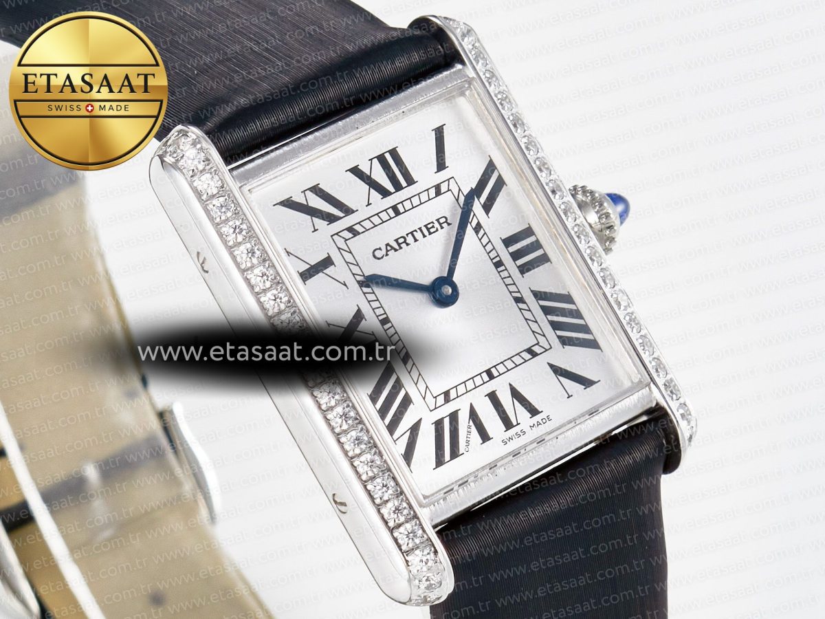 Cartier Tank Must Large SS 33.7mm DRF 1:1 Best Edition White Dial Diamonds Bezel on Black Calfskin Strap Swiss Quartz - Görsel 5
