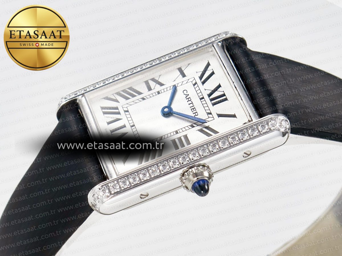 Cartier Tank Must Large SS 33.7mm DRF 1:1 Best Edition White Dial Diamonds Bezel on Black Calfskin Strap Swiss Quartz - Görsel 6