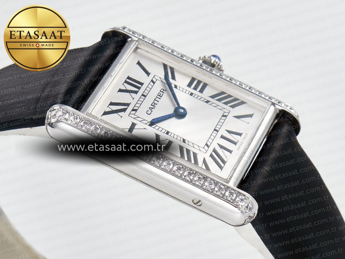 Cartier Tank Must Large SS 33.7mm DRF 1:1 Best Edition White Dial Diamonds Bezel on Black Calfskin Strap Swiss Quartz - Görsel 7