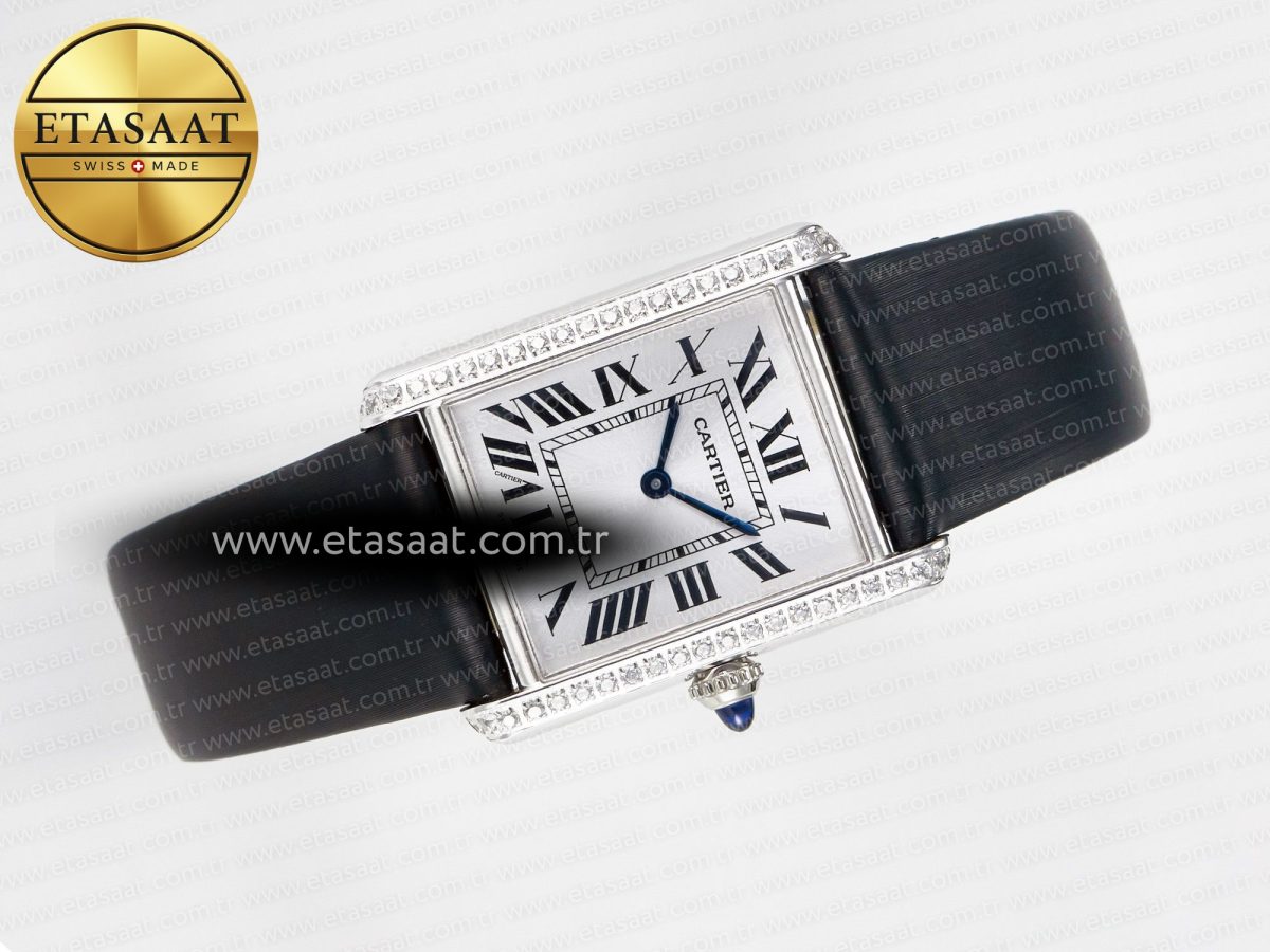 Cartier Tank Must Large SS 33.7mm DRF 1:1 Best Edition White Dial Diamonds Bezel on Black Calfskin Strap Swiss Quartz - Görsel 8