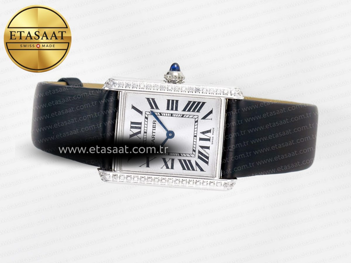 Cartier Tank Must Large SS 33.7mm DRF 1:1 Best Edition White Dial Diamonds Bezel on Black Calfskin Strap Swiss Quartz - Görsel 9