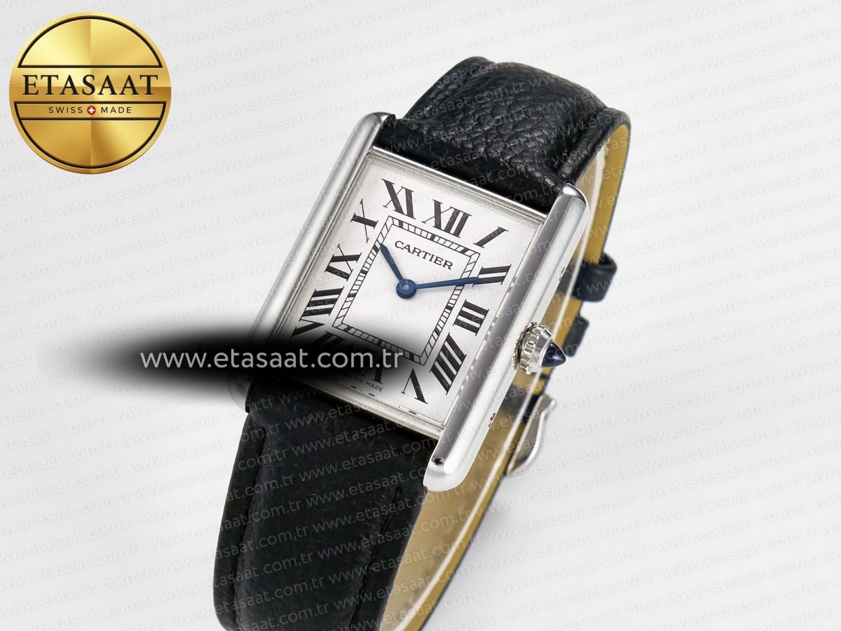 Cartier Tank Must Large SS 33.7mm DRF 1:1 Best Edition White Dial on Black Leather Strap Swiss Quartz - Görsel 1