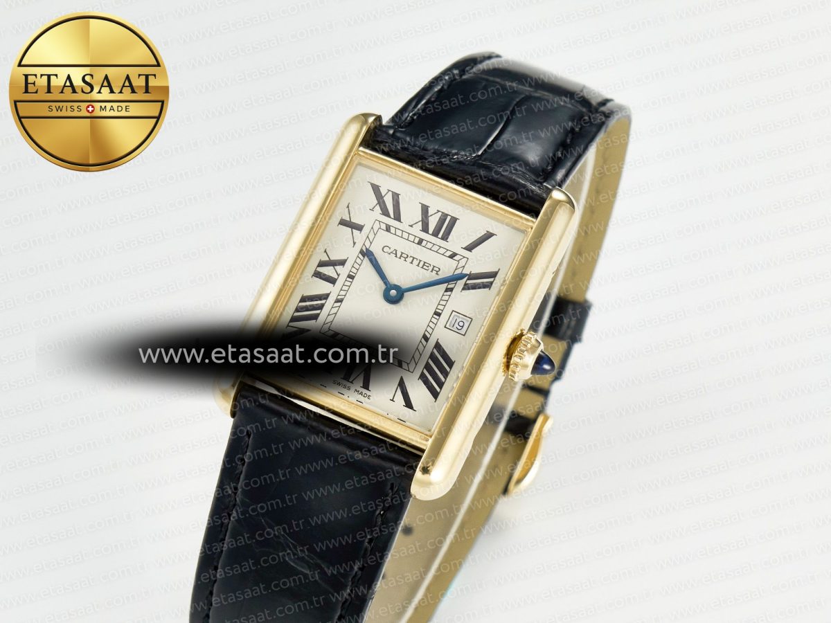 Cartier Tank Must Large YG 33.7mm DRF 1:1 Best Edition YG Dial on Black Leather Strap Swiss Quartz - Görsel 1