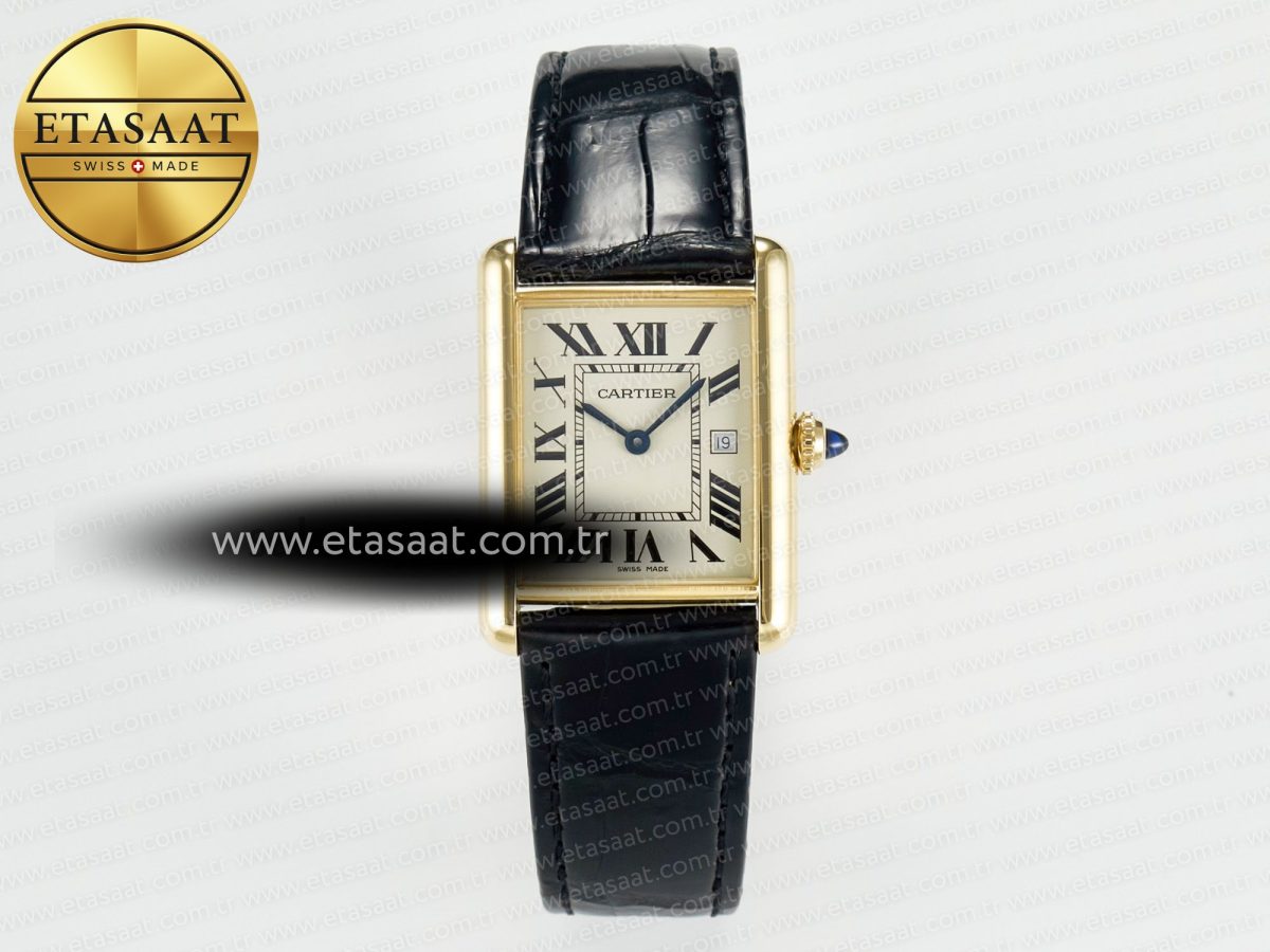 Cartier Tank Must Large YG 33.7mm DRF 1:1 Best Edition YG Dial on Black Leather Strap Swiss Quartz - Görsel 3