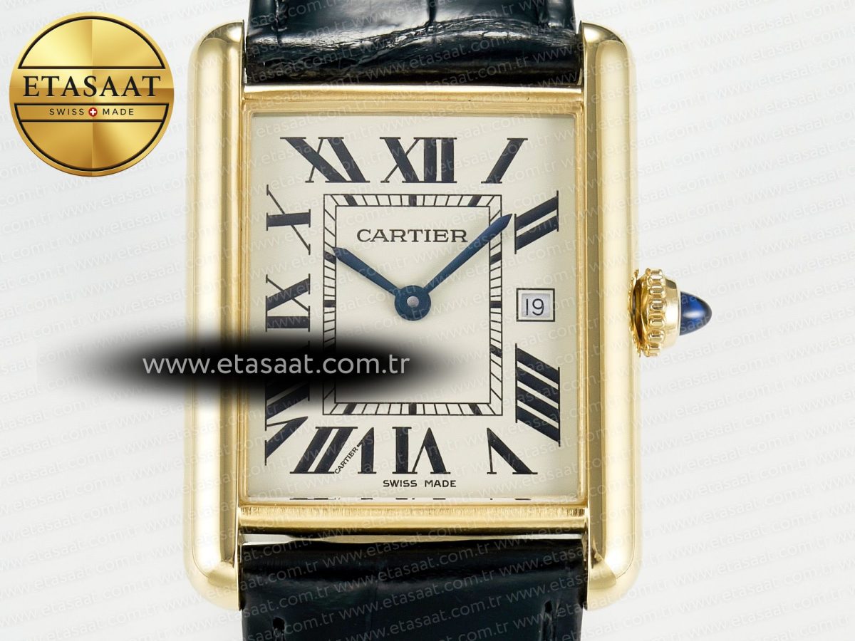 Cartier Tank Must Large YG 33.7mm DRF 1:1 Best Edition YG Dial on Black Leather Strap Swiss Quartz - Görsel 4
