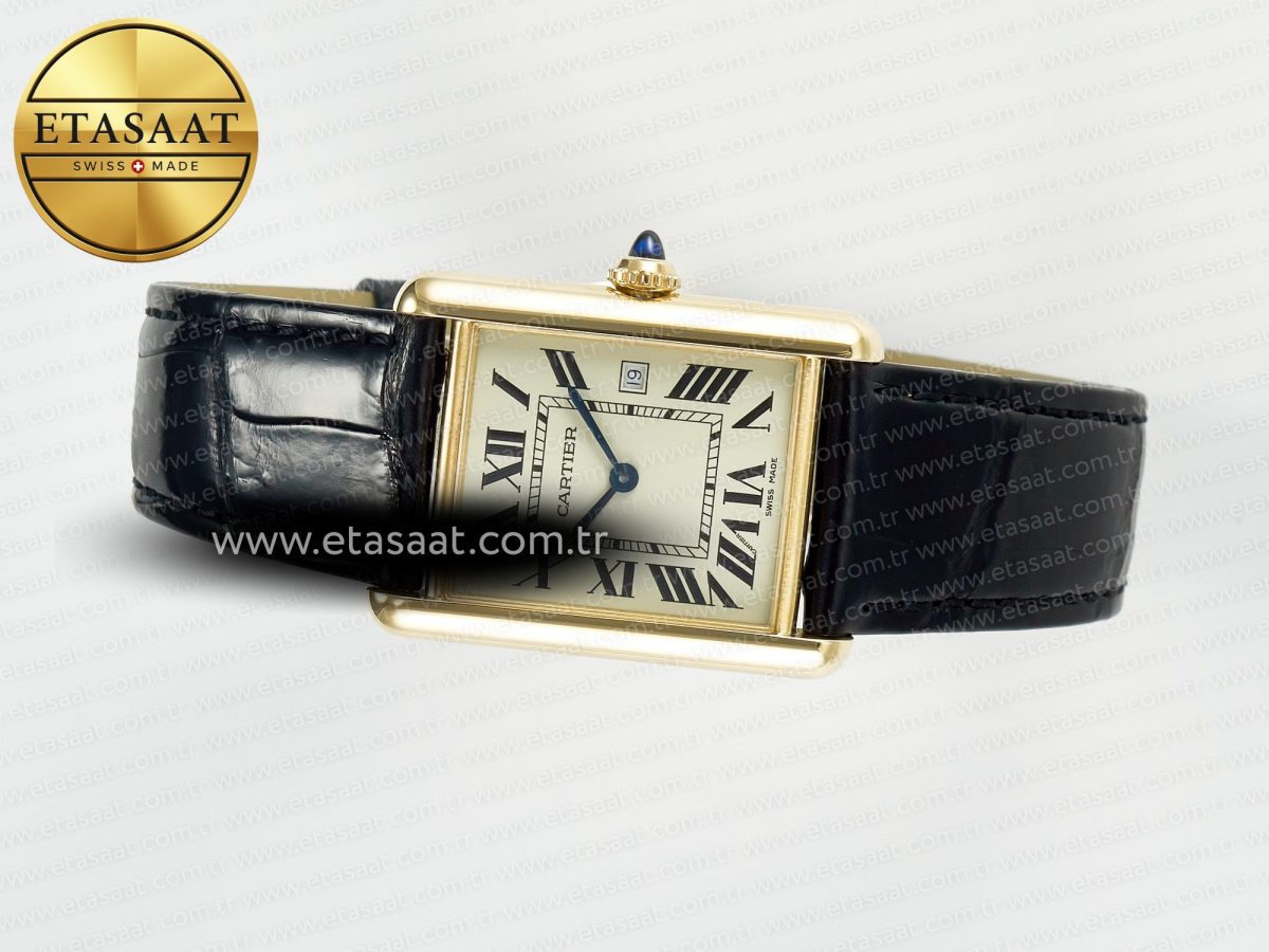 Cartier Tank Must Large YG 33.7mm DRF 1:1 Best Edition YG Dial on Black Leather Strap Swiss Quartz - Görsel 9